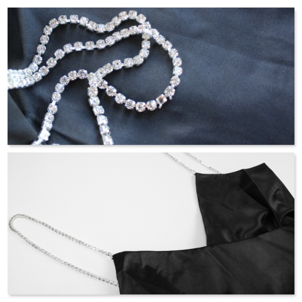 Black Satin Wrap Rhinestone Ruched Bodycon Dress - Picture 8 of 9